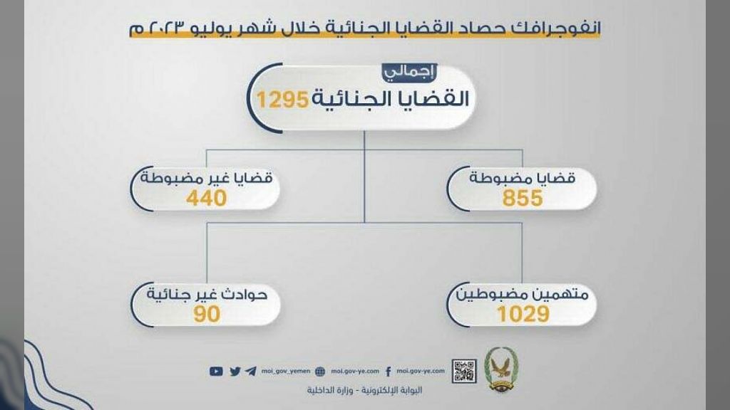 1029 متهما في قبضة الشرطة على ذمة 1295 قضية جنائية خلال يوليو 2023م