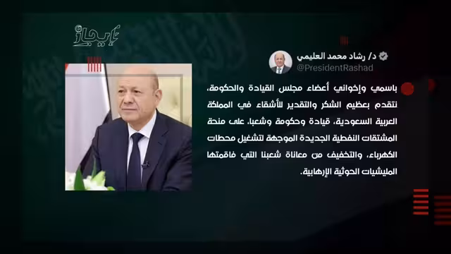 رئيس مجلس القيادة يشيد بالدعم السعودي لقطاع الكهرباء