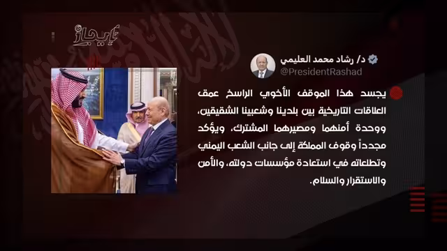 رئيس مجلس القيادة يثمن دعم خادم الحرمين الشريفين لسيادة الدولة